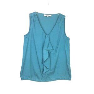 LOFT Womens PM Blue Sleeveless Blouse Ruffle Front VNeck Teal Tank Lightweight